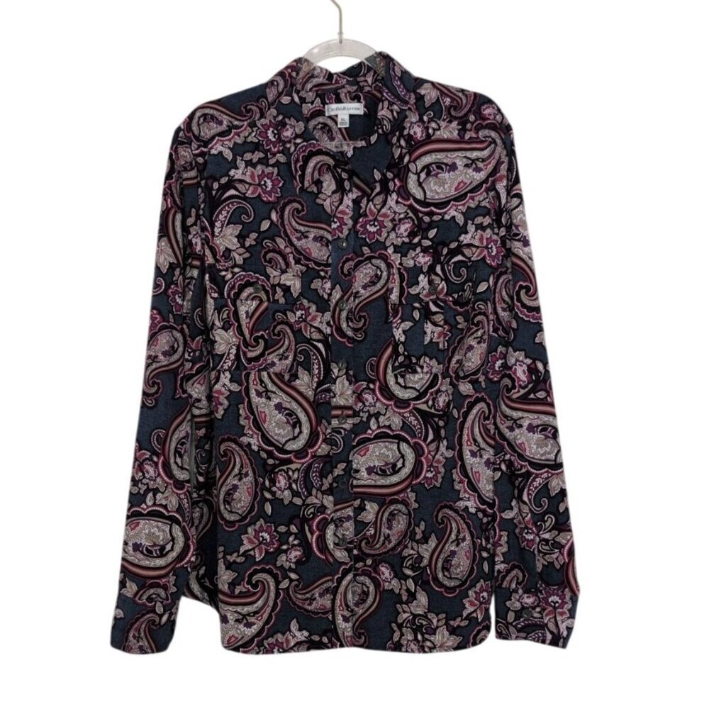 Croft & Barrow Paisley Shirt Womens Size XL Navy Blue Long Sleeve Button Front